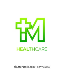 Letter M cross plus logo Green color,Medical healthcare hospital Logotype