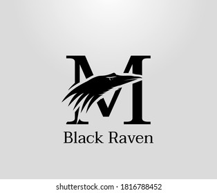 Letter M crow logo designs, black raven in letter M vector illustration design