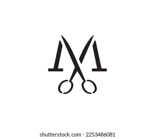 letter m custom vector logo design with scissors for men's hairdressers women's hairdressers tailors