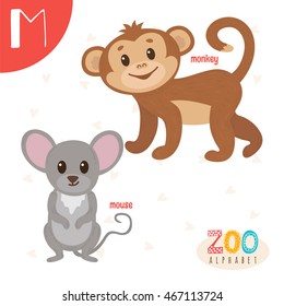 Letter M. Cute animals. Funny cartoon animals in vector. ABC book. Vector illustration