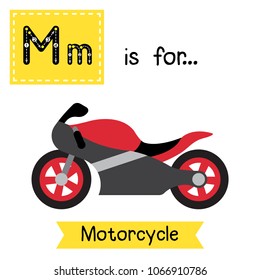 Letter M cute children colorful transportations ABC alphabet tracing flashcard of Motorcycle for kids learning English vocabulary Vector Illustration.