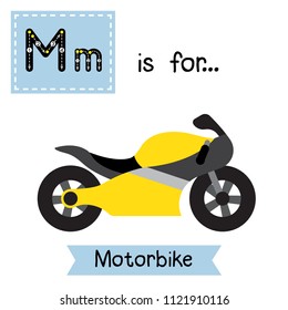 Letter M cute children colorful transportations ABC alphabet tracing flashcard of Motorbike for kids learning English vocabulary Vector Illustration.