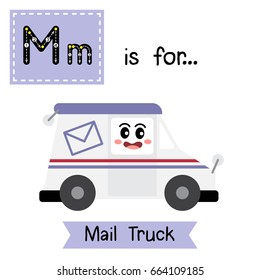Letter M cute children colorful transportations ABC alphabet tracing flashcard of Mail Truck for kids learning English vocabulary Vector Illustration.