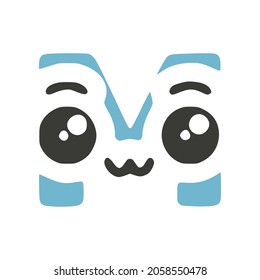 Letter M cute kawaii character, funny emoticon vector clip art.