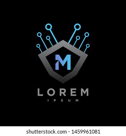 Letter M Cyber, Security technology Logo Design Vector Template