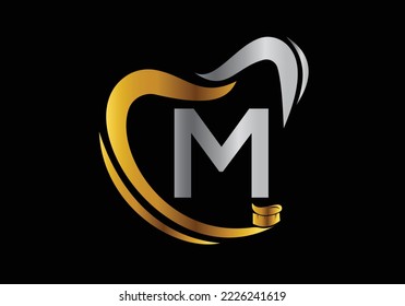 Letter M Dental Logo Design Template Inspiration With Tooth Brush Symbol, Vector Illustration.
