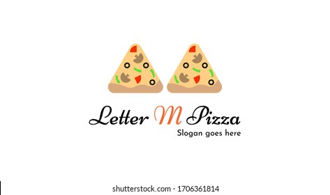 Letter M depicted with Pizza slices, Logo for Pizza shop starts with M alphabet. Logo template, emblem, identity, branding. Minimal Simple vector design.