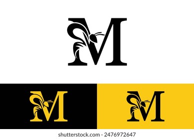 letter m design with bee design illustration concept