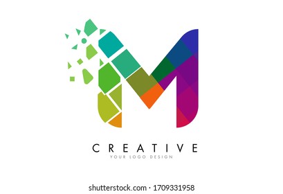 Letter M Design with Rainbow Shattered Blocks Vector Illustration. Pixel art of the M letter logo. 