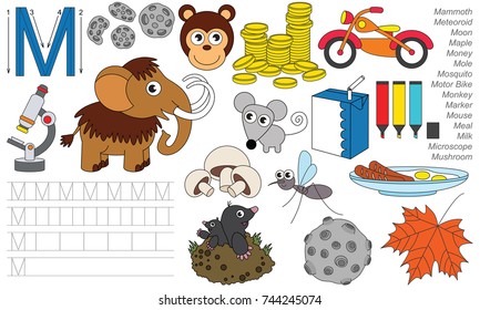 Letra M. Punto a punto juego educativo para los niños.