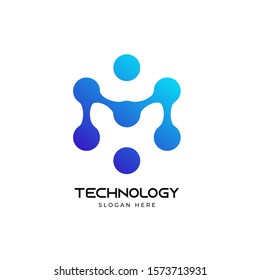 Letter M with Dots circle technology connection logo vector design template