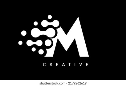 Letter M Dots Logo Design with Black and White Colors on Black Background Vector. Bubbles Letter Logo Icon Vector Illustration