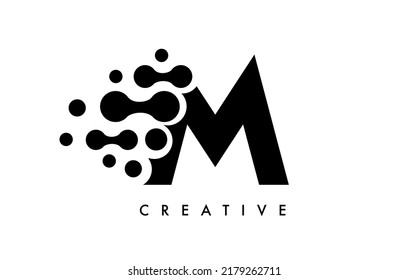 Diseño del logotipo de puntos M con colores negros y blancos en el vector de fondo negro. Letra Bubbles Icono Ilustración vectorial del logotipo