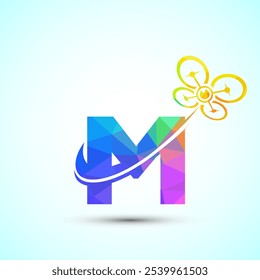 Letter M drone logo design vector template. Drone technology logo sign low poly style