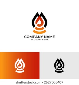 Letter M with droplet and wireless signal,black and orange gradients. with sense of depth and energy. Versatile for various industries, related to energy, heat, water, wireless and wifi connection