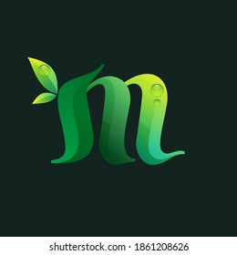 Letter M ecology logo with green leaves and dew drops. Vector icon perfect for agriculture labels, eco friendly food emblem, landscape posters and garden identity, etc.