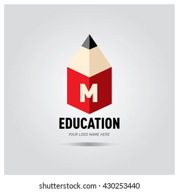 Letter M Education logo concept with pencil and book icon. Logo design template for education purposes