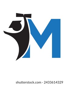 Letter M Education Logo Design. Graduation Symbol With Human Holding Graduation Paper Icon