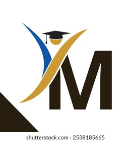 Letter M With Education Logo Design Vector Template. Graduation Hat Icon