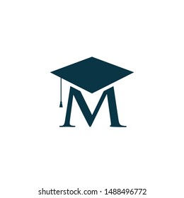 Letter M education logo vector illustration template. Graduation cap with letter M under. Vector logo concept illustration