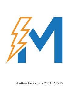 Letra M Para Combinação De Logotipo Elétrico Com Ícone De Raio. Design do logotipo de energia