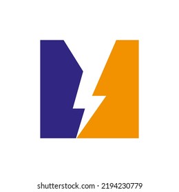 Letra M Concepto De Logotipo Eléctrico Con Icono De Alimentación, Plantilla De Vector De Símbolo De Truco De Voltio