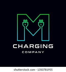 Letter M Electric Plug vector logo template. Font with green and blue gradient graphic.  Technology background. This alphabet is suitable for energy, power, cable, wire, electrical, device, connect.