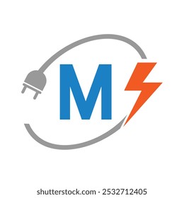 Letter M Elektrisches Logo Konzept mit Stecker und Netzsymbol. Elektrisches Logo-Design