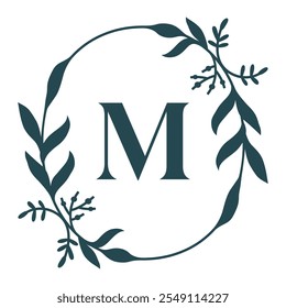 Letter M In Elegant Floral Oval Frame. Leafy Christmas Wreath. Vector  Illustration Isolated On White Background.