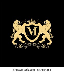 Letter M Elegant logo with two lions and shield vector design. Coat of arms