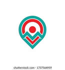 Letter M, eye and navigation marker, vector symbol.