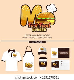 Letter M Fast Food Burger Logo Design for Brand Label Food and Menu Restaurant or Cafe with Chef’s Hat on Pink Background. With Brand Identity Include Shirt, Apron, Hat, Cup, Business Card