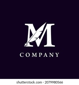 Letter M with Feather Quill Pen Notary Writer Journalist Logo Design Inspiration