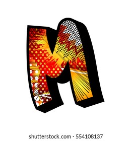 Letter M filled with comic book explosion, background.