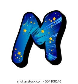 Letter M filled with comic book explosion, background.