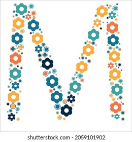 Letter M filled with flower white background. Colorful bright hand painted alphabet. Happy alphabet made of flower