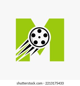 Letter M Film Logo Concept With Film Reel For Media Sign, Movie Director Symbol Vector Template