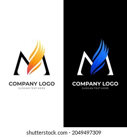 letra M y plantilla de logotipo de incendio con estilo 3d colorido