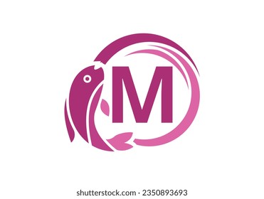 Letter M Fish Logo design. Water Animal icon. Font emblem. Modern vector logotype for business and company identity.