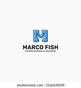 Letter M Fish Logo Template Illustration Design. Minimalist fish logo concept, suitable for fishing, seafood restaurants, packaging or marine tourism. Vector illustration of a logo.