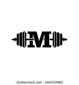 Letter M Fitness Gym Logo Design. Barbel Sports Vector Icon. 