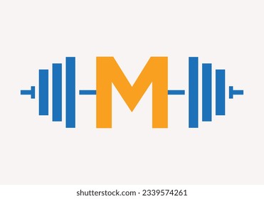 Letter M Fitness Logo Design. Gym And Fitness Club Symbol With Barbell Icon Template