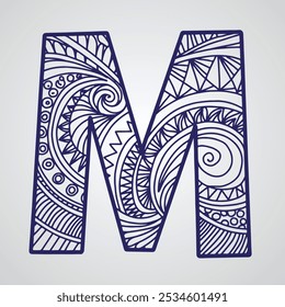 Letter M with floral ornament in doodle style