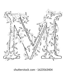 Letter M floral sketch over white background