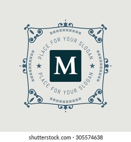 The letter M. Flourishes calligraphic monogram emblem template. Luxury elegant frame ornament line logo design vector illustration. Example designs for Cafe, Hotel, Restaurant