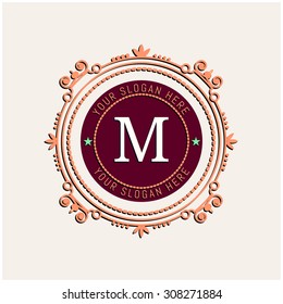 The letter M. Flourishes calligraphic monogram emblem template. Luxury elegant frame ornament line logo design vector illustration. Example designs for Cafe, Hotel, Heraldic, Restaurant, Boutique