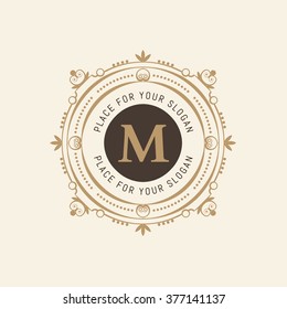 The letter M. Flourishes calligraphic monogram emblem template. Luxury elegant frame ornament line logo design vector illustration. Example designs for Cafe, Hotel, Heraldic, Restaurant, Boutique