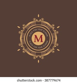 The letter M. Flourishes calligraphic monogram emblem template. Luxury elegant frame ornament line logo design vector illustration. Example designs for Cafe, Hotel, Heraldic, Restaurant, Boutique