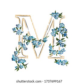 Carta de M con flor. Elemento de diseño. Abc estilo retro.