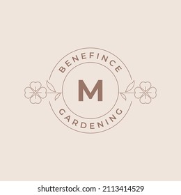 Letter M Flower Logos Emblem Design Template with Botanical Plants and Petals Vector Illustrations Minimal Line Art Style. Outline Symbols for Cosmetics and Packaging or Floral Products Branding